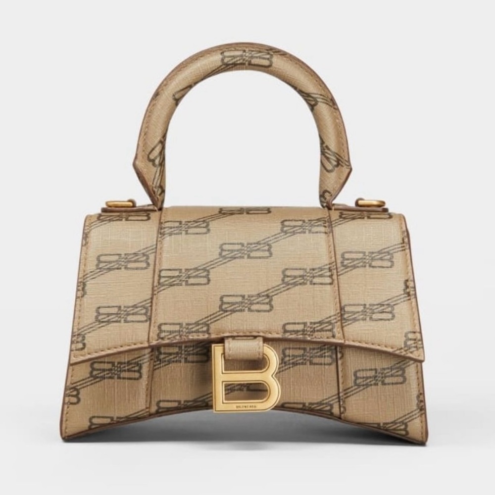 Balenciaga Tan Monogram Top Handle Mini Hourglass XS Bag with Gold Hardware